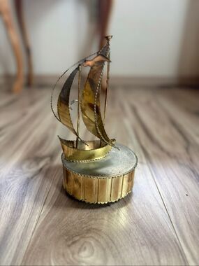 Vintage Brass Musical Sailboat: Revolving Brutalist Decor Music Box